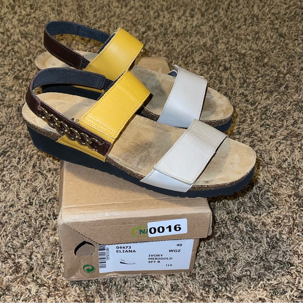 Naot Women’s Eliana Slingback Sandal Soft Ivory Marigold Brown Leather Size 40